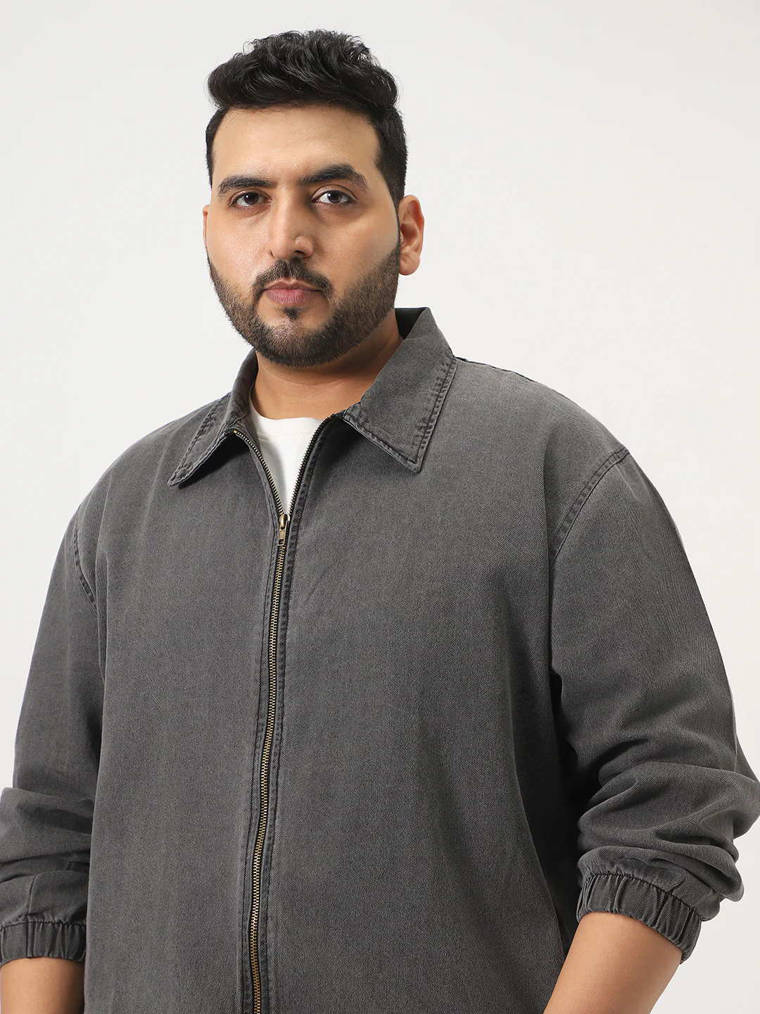 Plus Men's Light Grey Relaxed Fit Full Sleeve Harrington Denim Jacket - Image 5