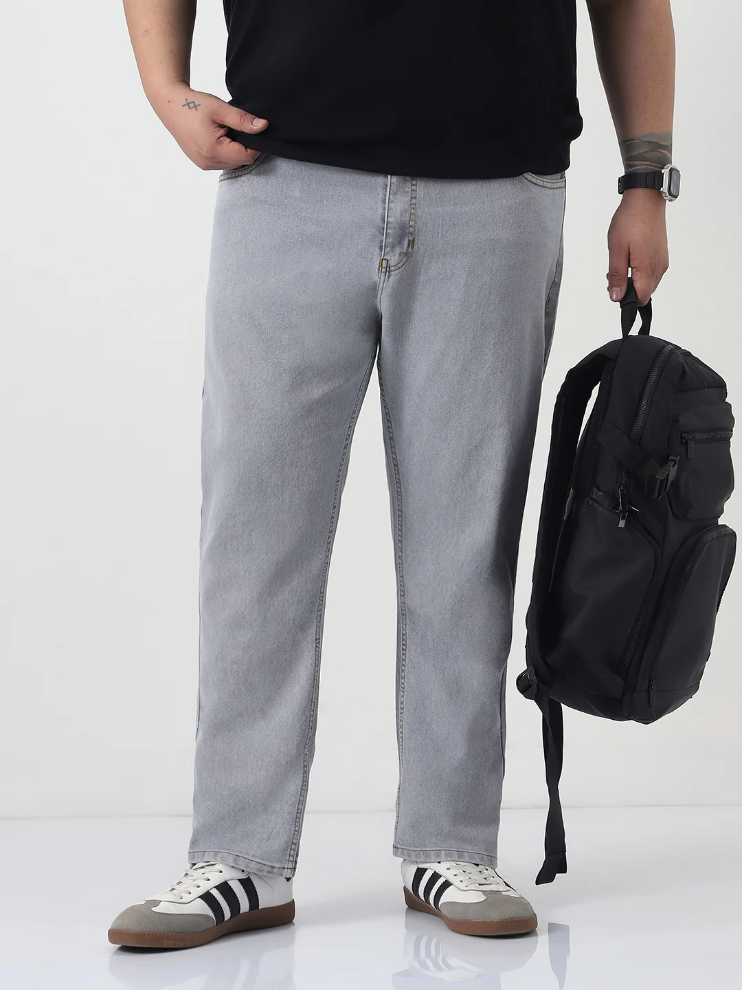 Plus Men's Light Grey Slim Fit Washed Denim Jeans Stretchable