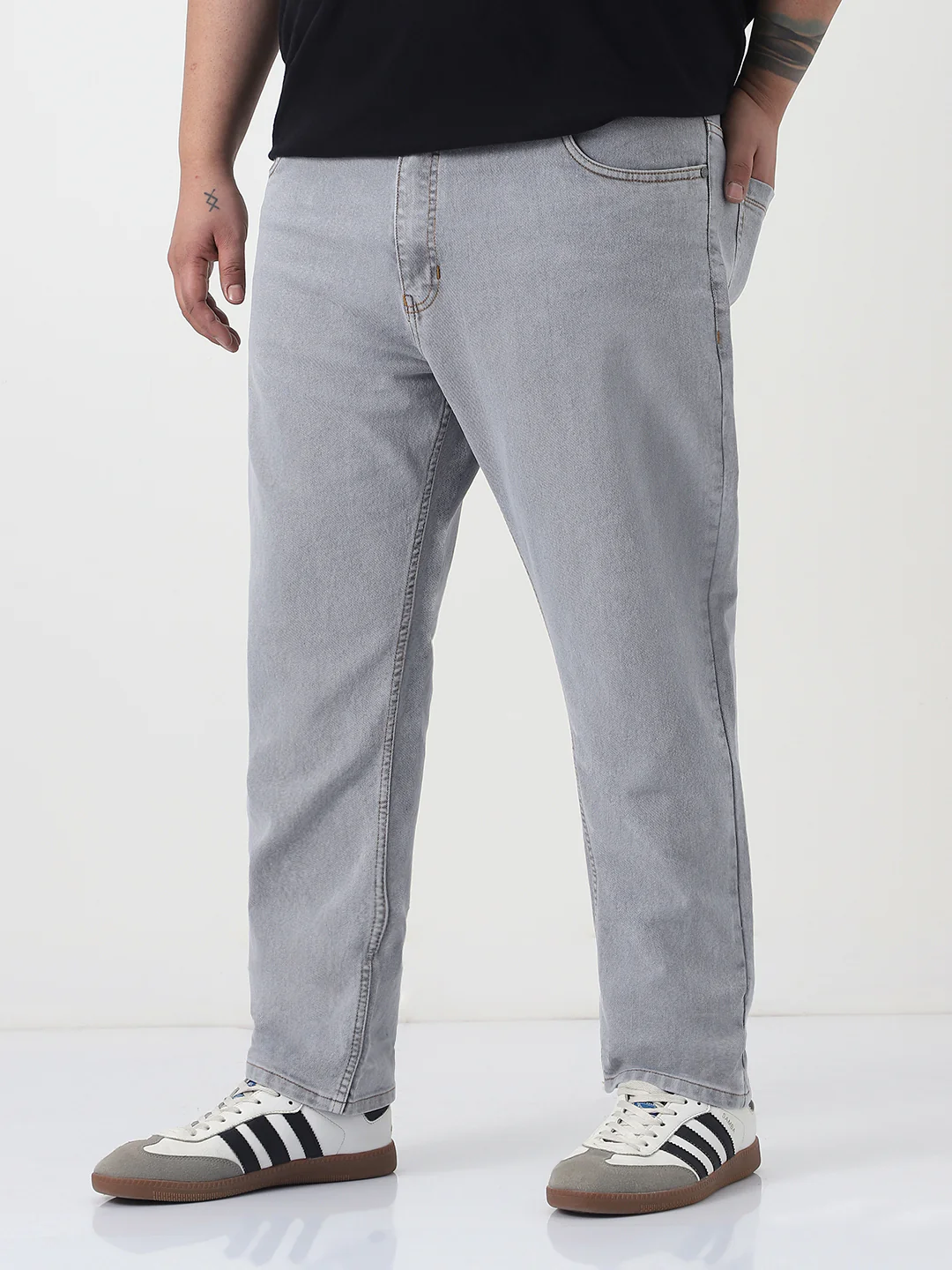 Plus Men's Light Grey Slim Fit Washed Denim Jeans Stretchable - Image 2