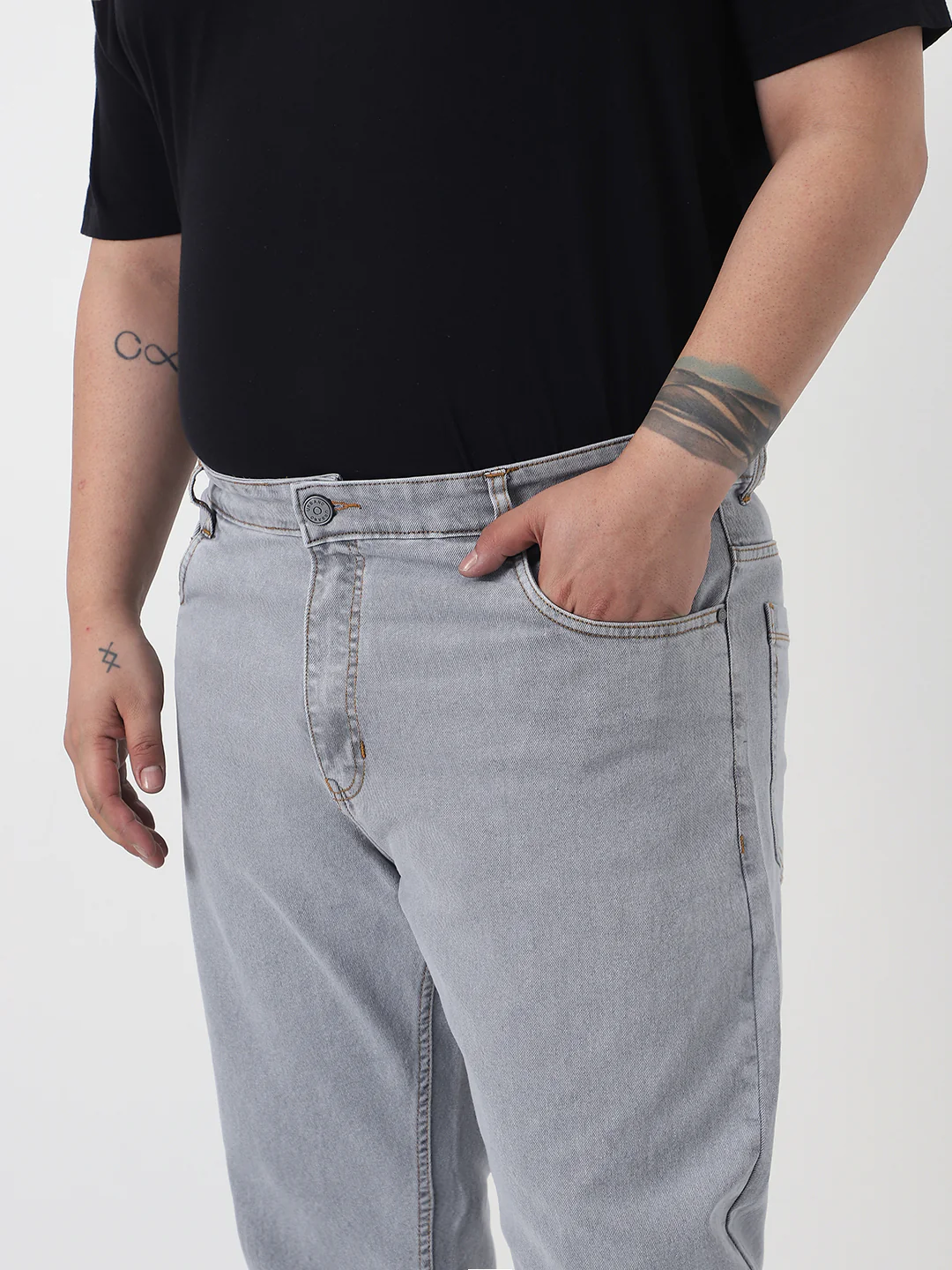 Plus Men's Light Grey Slim Fit Washed Denim Jeans Stretchable - Image 5