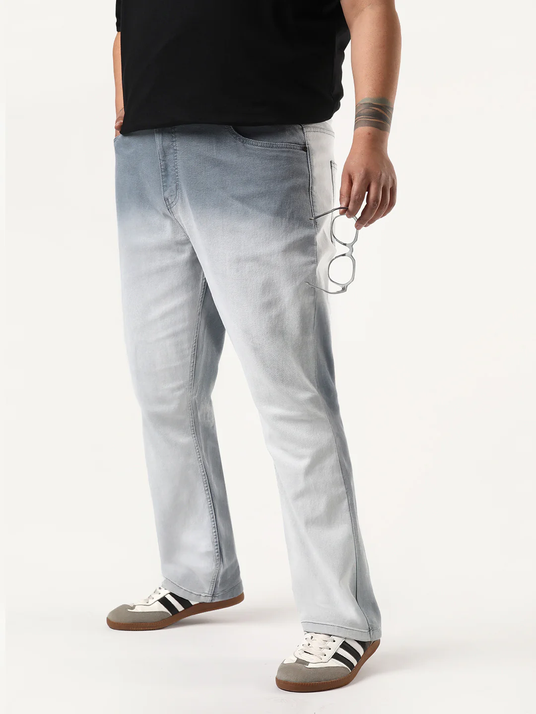 Plus Men's Light Grey Straight Fit Heavy Washed Faded Denim Jeans Stretchable