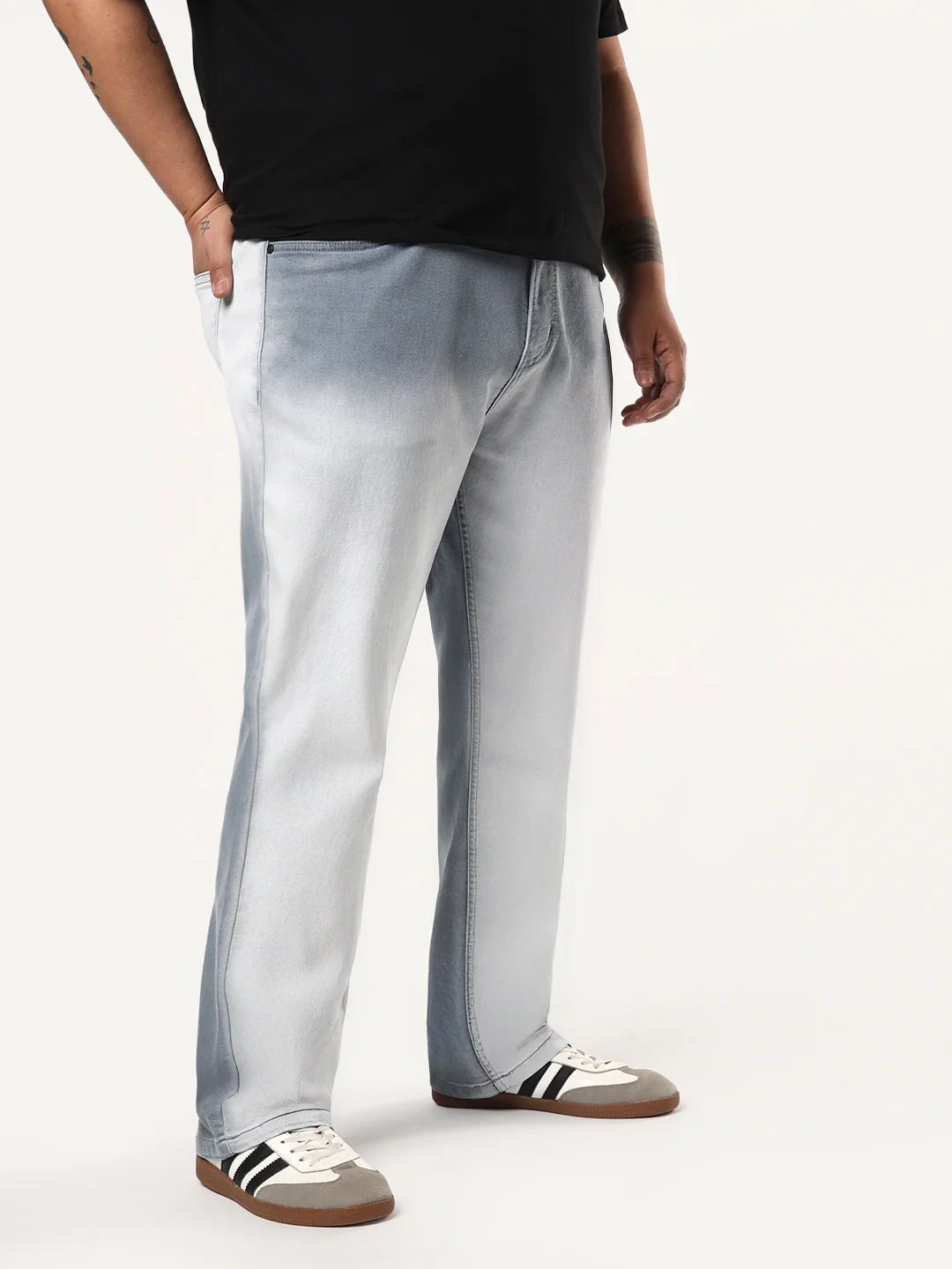 Plus Men's Light Grey Straight Fit Heavy Washed Faded Denim Jeans Stretchable - Image 2