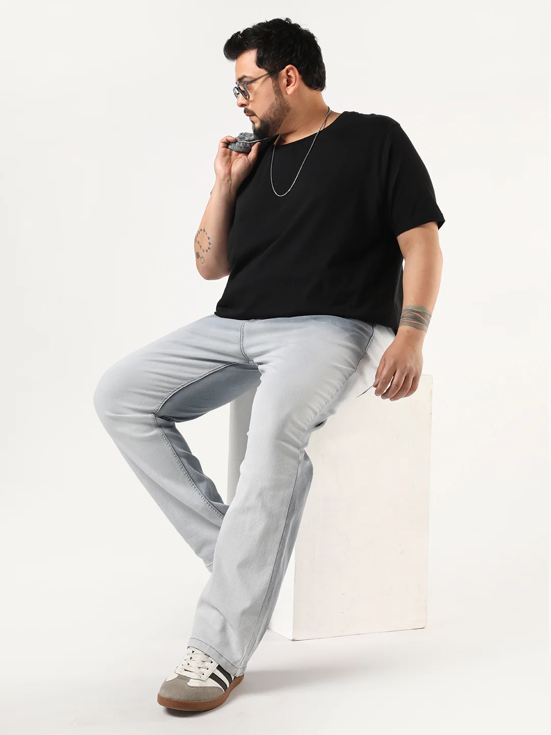 Plus Men's Light Grey Straight Fit Heavy Washed Faded Denim Jeans Stretchable - Image 4
