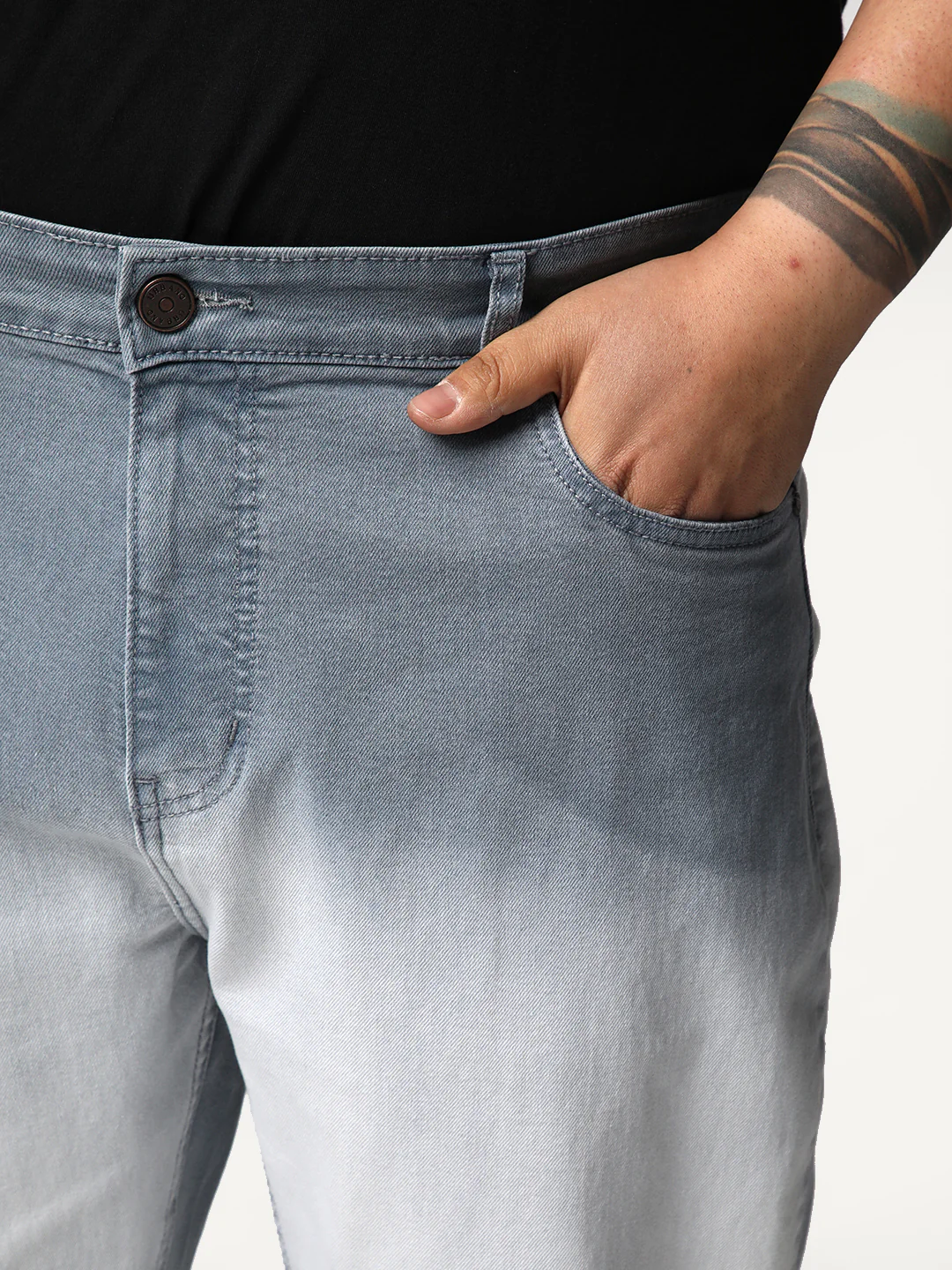 Plus Men's Light Grey Straight Fit Heavy Washed Faded Denim Jeans Stretchable - Image 5