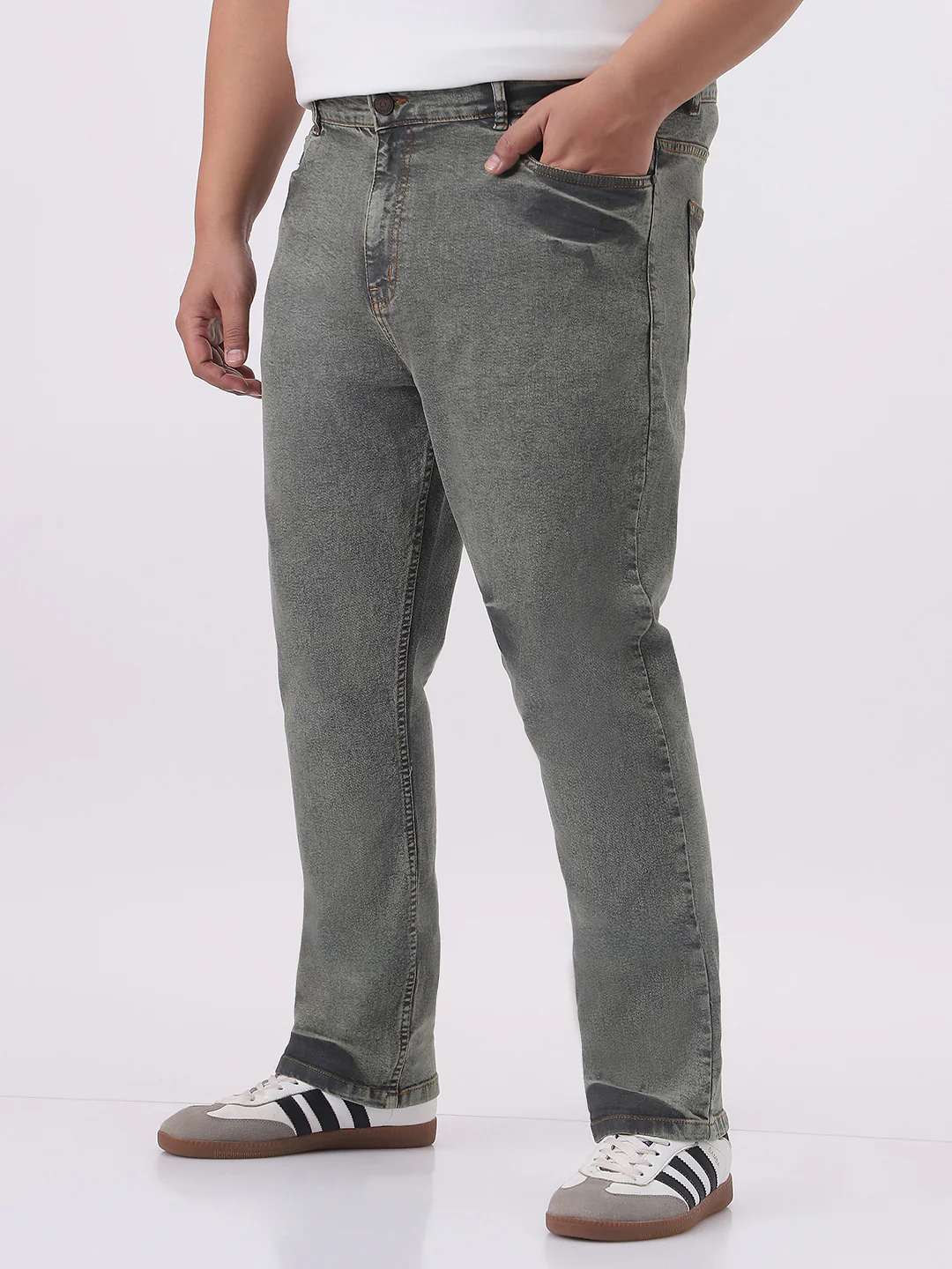 Plus Men's Light Grey Straight Fit Heavy Washed Jeans Stretchable - Image 2