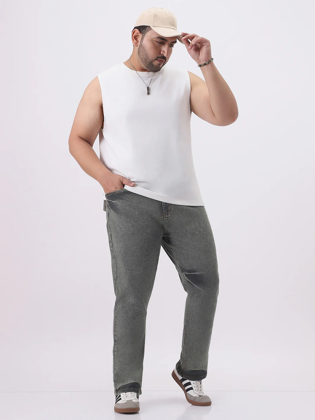 Plus Men's Light Grey Straight Fit Heavy Washed Jeans Stretchable - Image 4