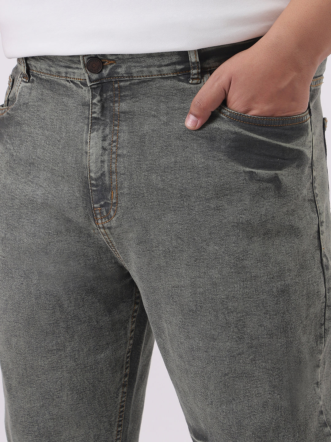 Plus Men's Light Grey Straight Fit Heavy Washed Jeans Stretchable - Image 5