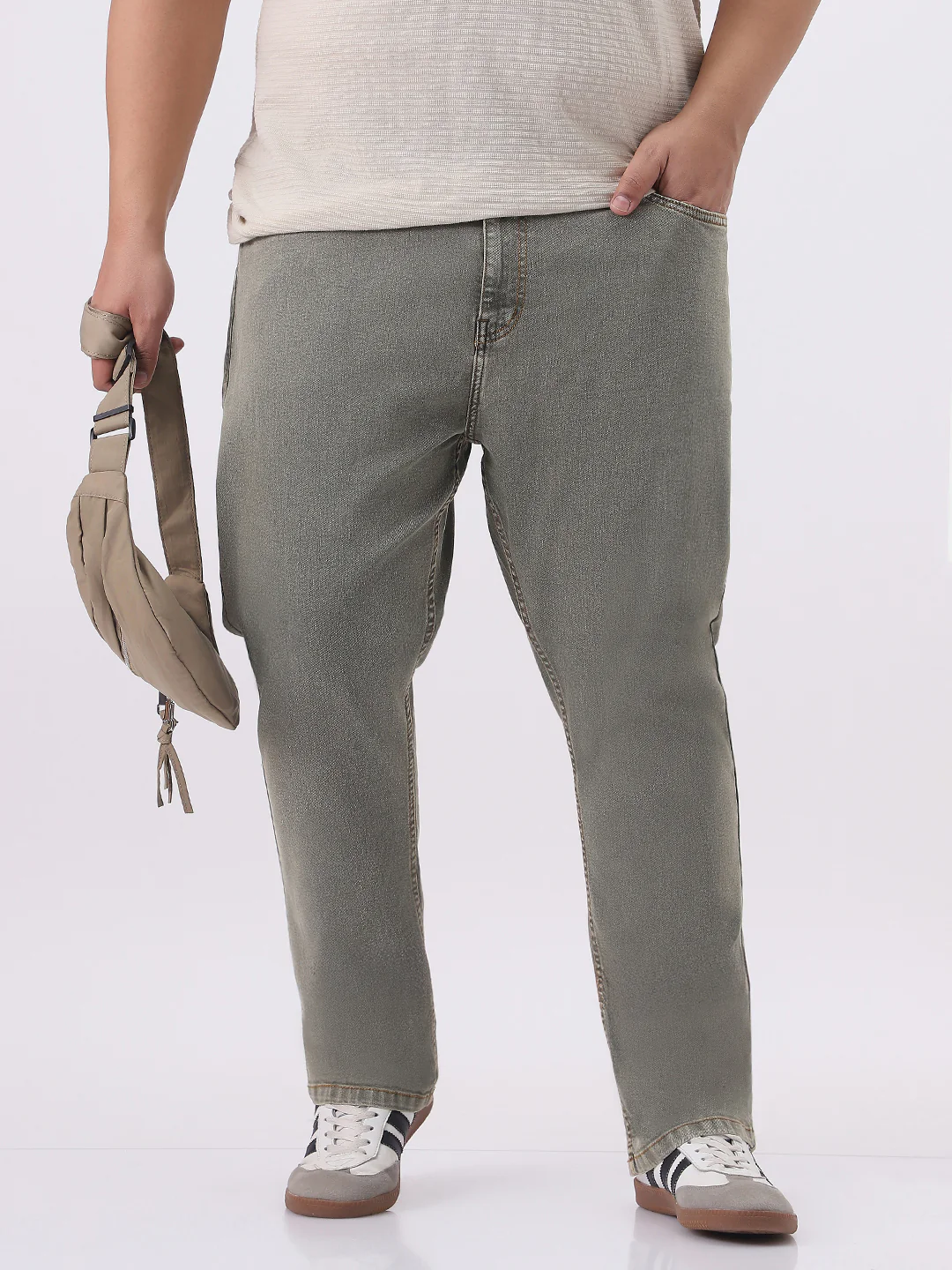 Plus Men's Light Grey Straight Fit Heavy Washed Jeans Stretchable