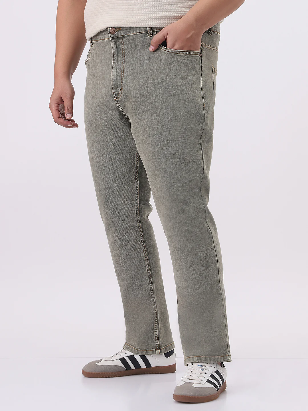 Plus Men's Light Grey Straight Fit Heavy Washed Jeans Stretchable - Image 2