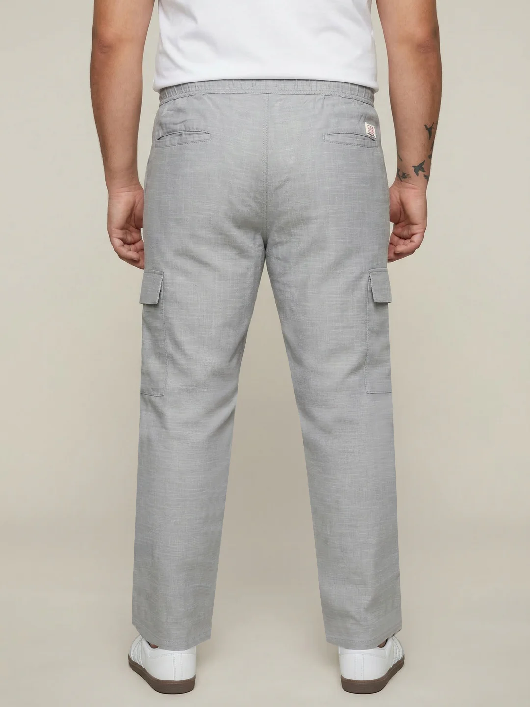 Plus Men's Light Grey Straight Fit Linen Cargo Pants with 6 Pockets - Image 3