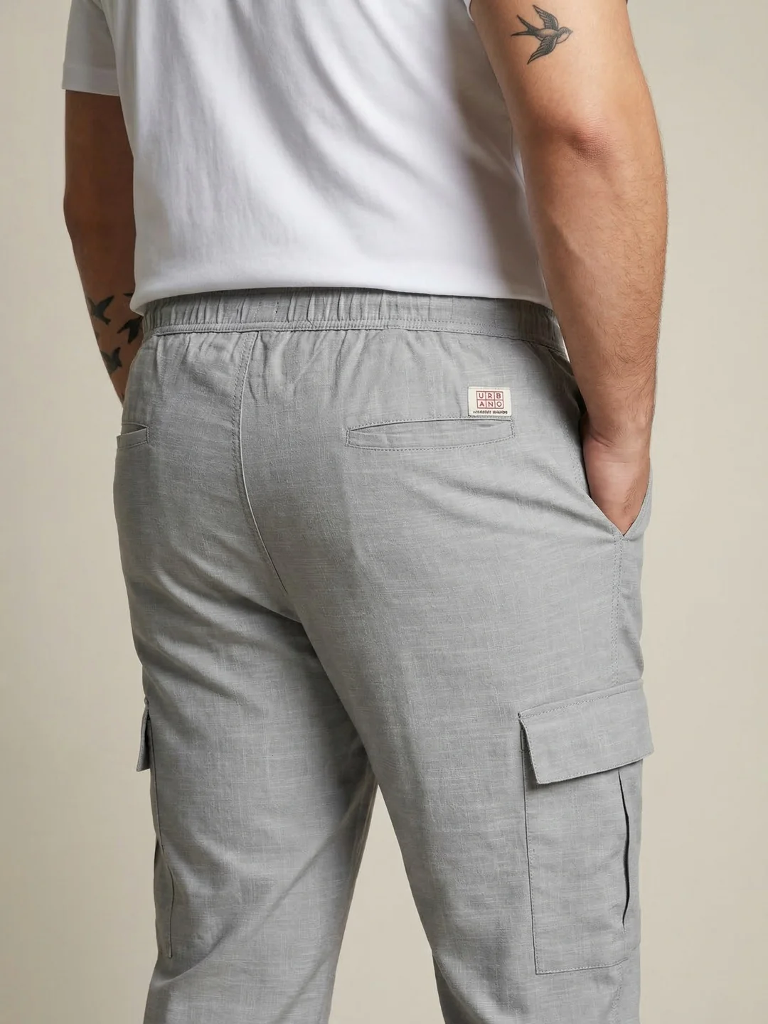 Plus Men's Light Grey Straight Fit Linen Cargo Pants with 6 Pockets - Image 5