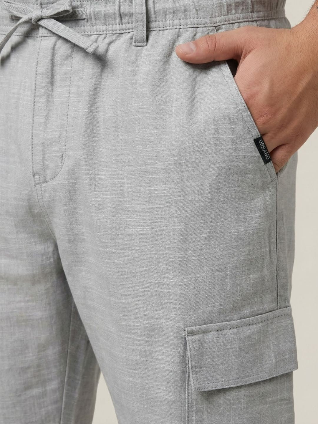 Plus Men's Light Grey Straight Fit Linen Cargo Pants with 6 Pockets - Image 6