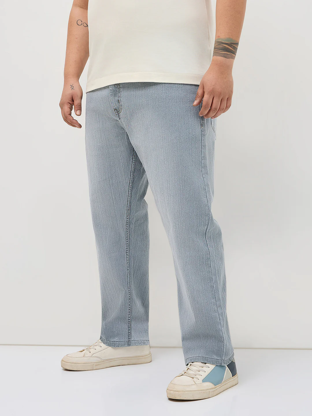 Plus Men's Light Grey Straight Fit Washed Denim Jeans Stretchable - Image 2