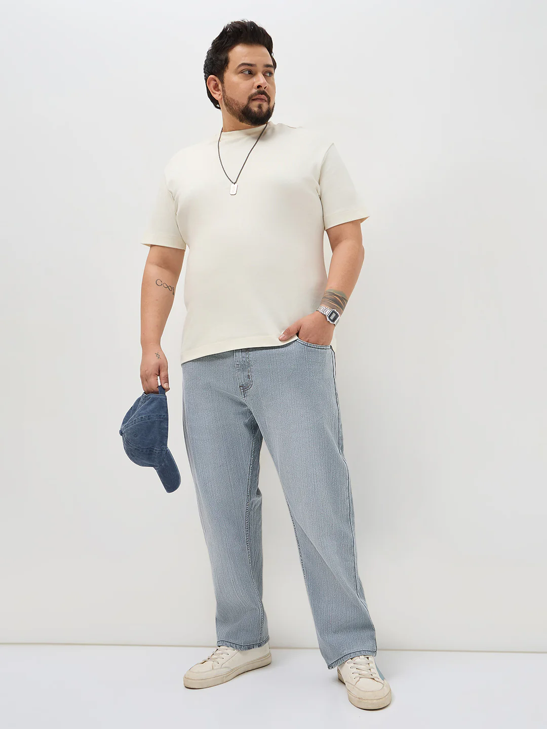 Plus Men's Light Grey Straight Fit Washed Denim Jeans Stretchable - Image 4