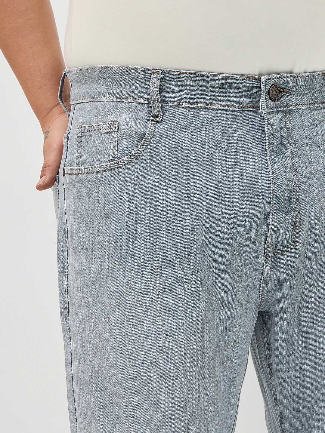 Plus Men's Light Grey Straight Fit Washed Denim Jeans Stretchable - Image 5