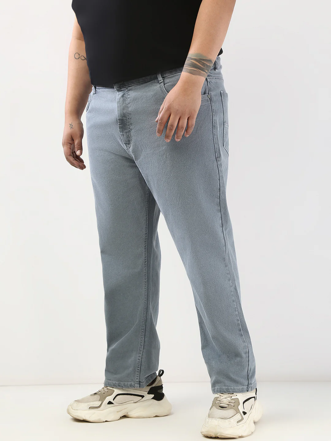 Plus Men's Light Grey Straight Fit Washed Jeans Stretchable - Image 3