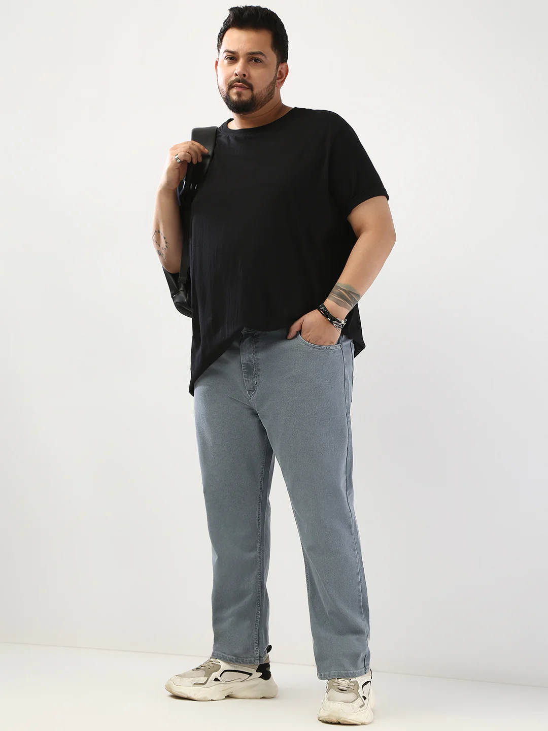 Plus Men's Light Grey Straight Fit Washed Jeans Stretchable - Image 5