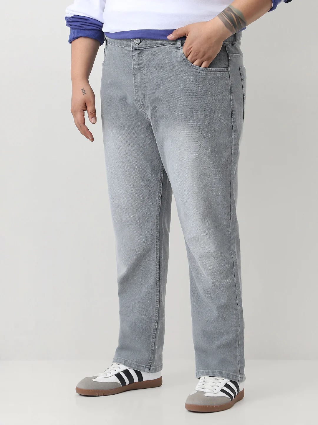 Plus Men's Light Grey Straight Fit Washed Jeans Stretchable - Image 3