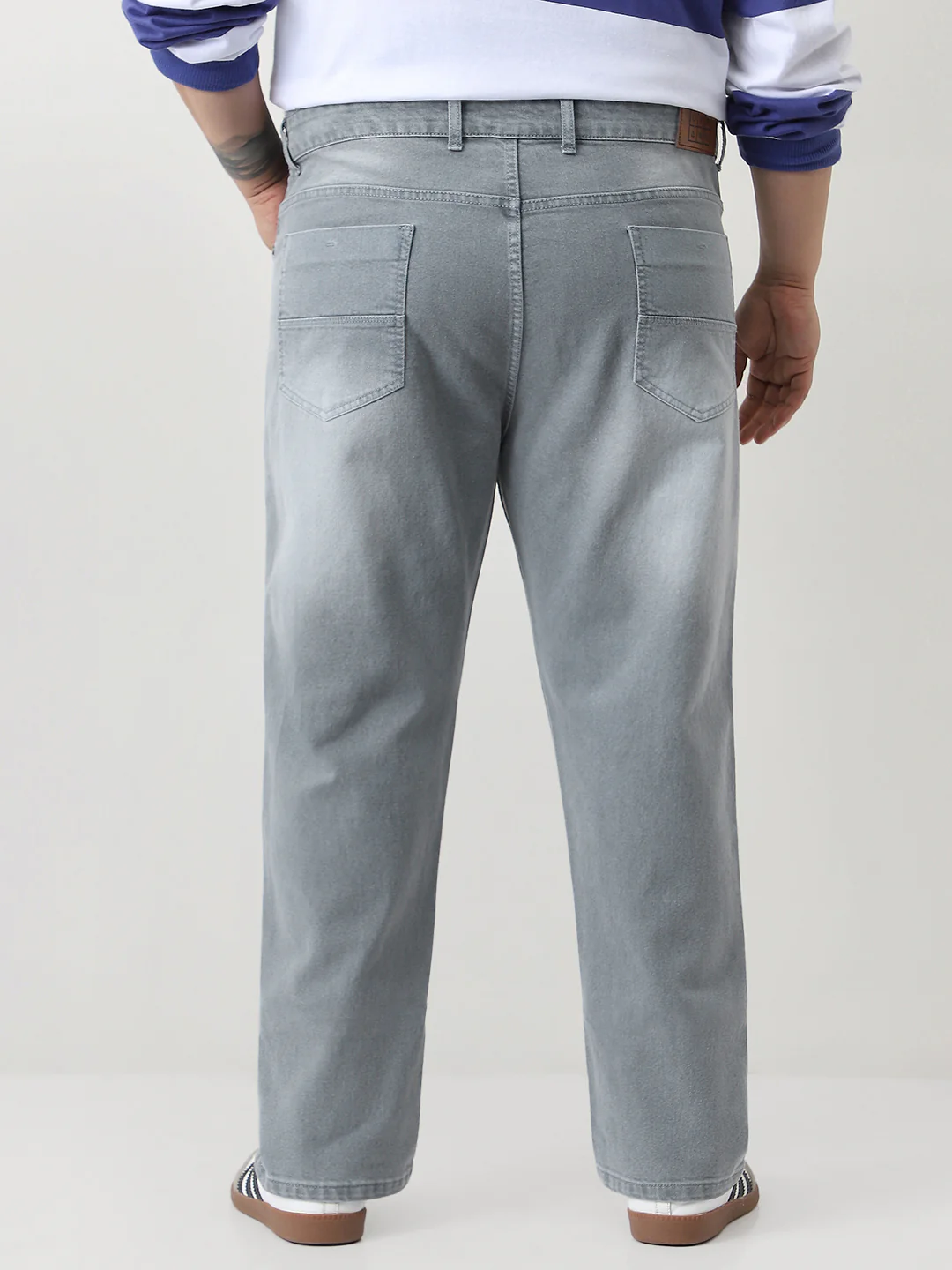 Plus Men's Light Grey Straight Fit Washed Jeans Stretchable - Image 4