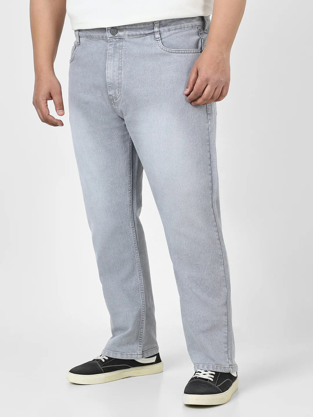 Plus Men's Light Grey Straight Fit Washed Jeans Stretchable - Image 2
