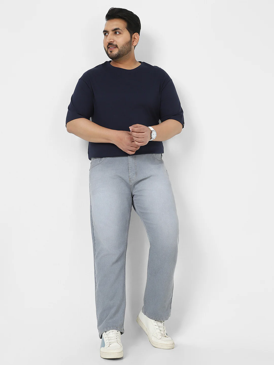 Plus Men's Light Grey Straight Fit Washed Jeans Stretchable - Image 4
