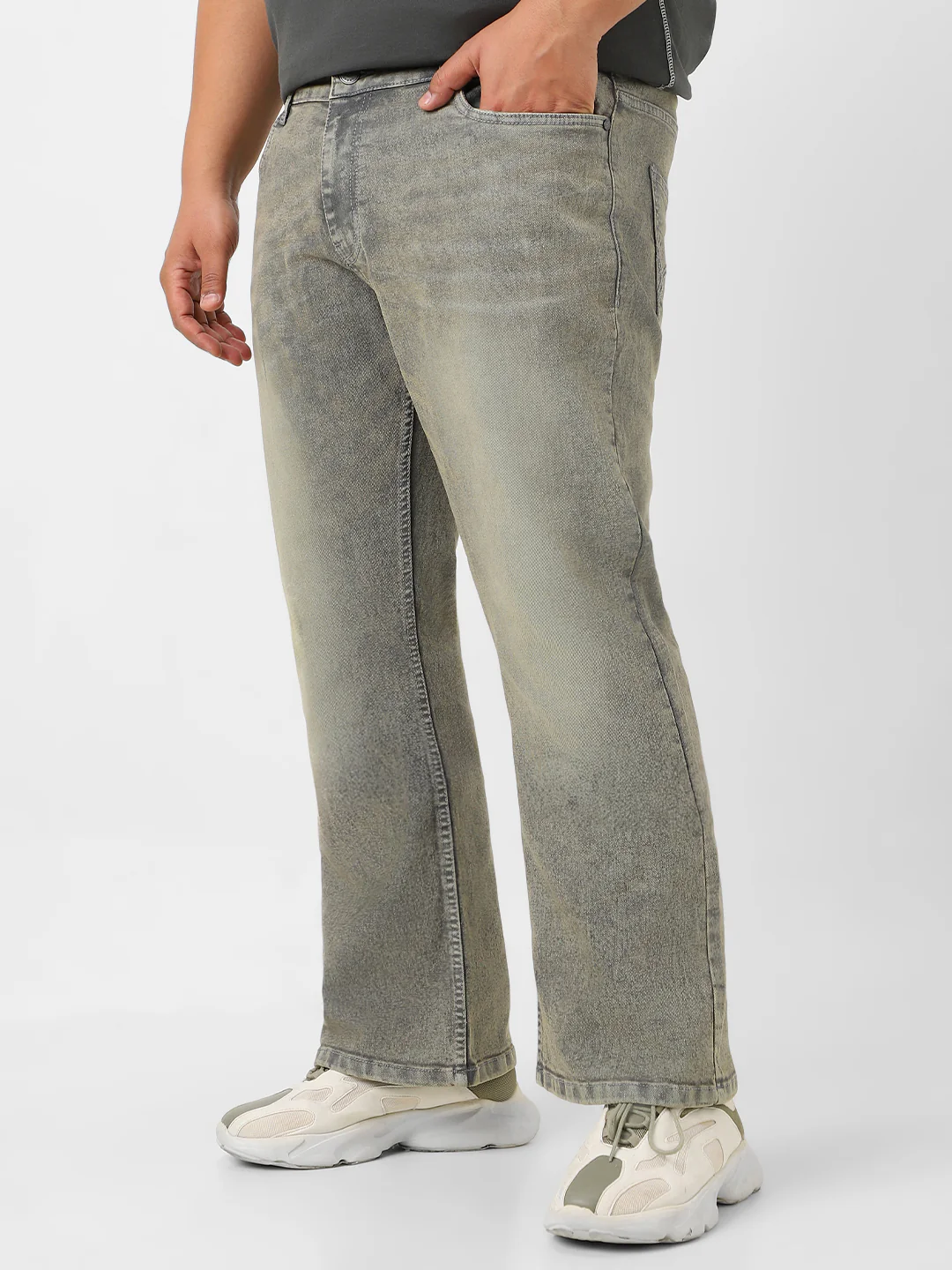 Plus Men's Light Grey Washed Bootcut Jeans Stretchable - Image 2
