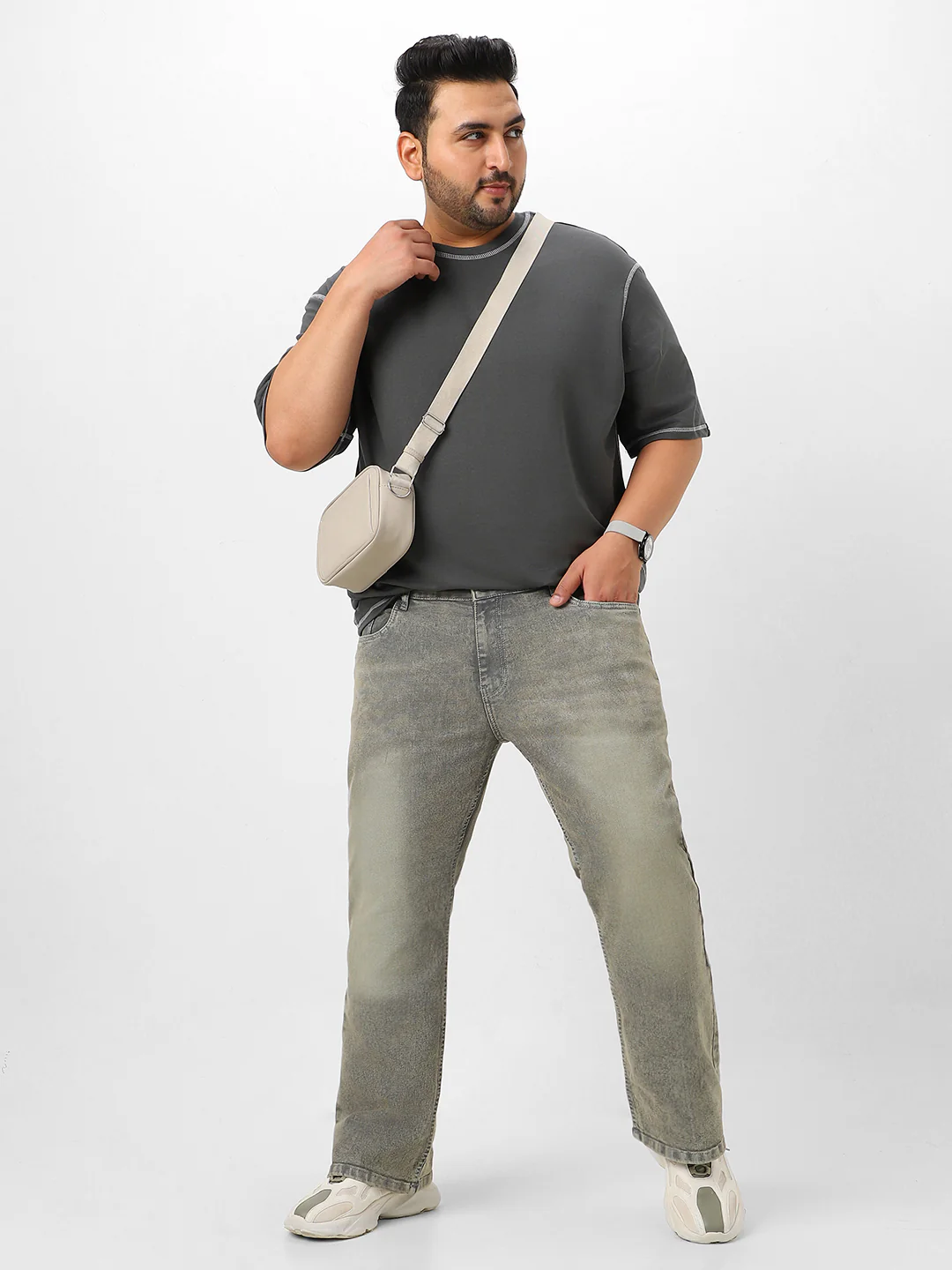 Plus Men's Light Grey Washed Bootcut Jeans Stretchable - Image 4