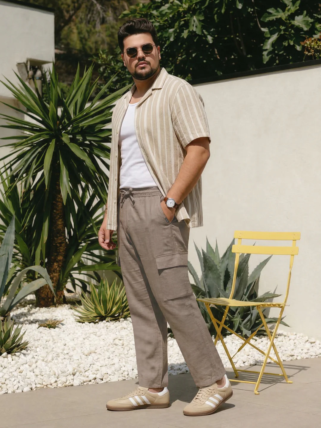 Plus Men's Light Khaki Straight Fit Linen Cargo Pants with 6 Pockets - Image 4