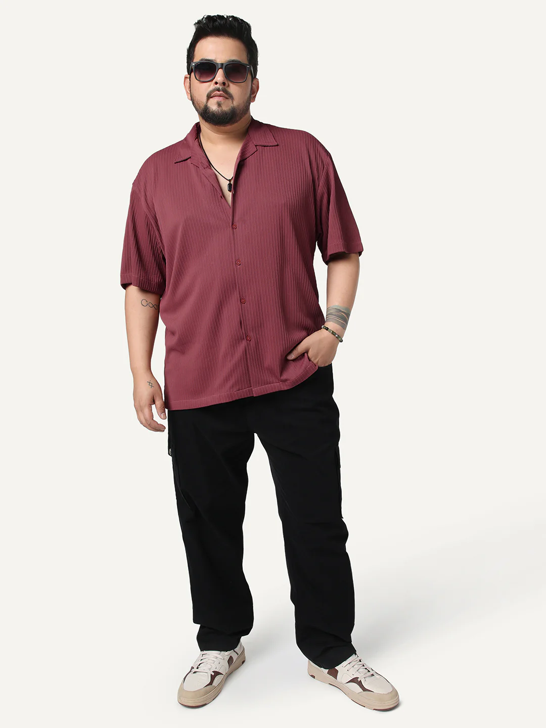 Plus Men's Light Maroon Cotton Half Sleeve Oversized Fit Textured Shirt with Cuban Collar - Image 4