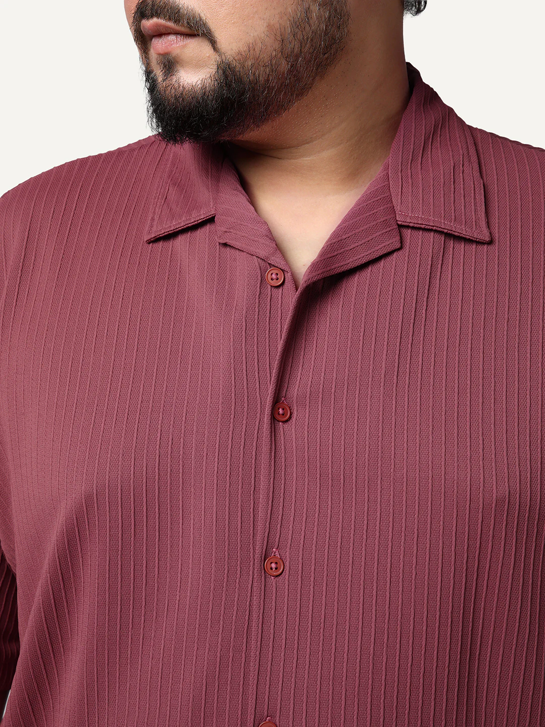 Plus Men's Light Maroon Cotton Half Sleeve Oversized Fit Textured Shirt with Cuban Collar - Image 5
