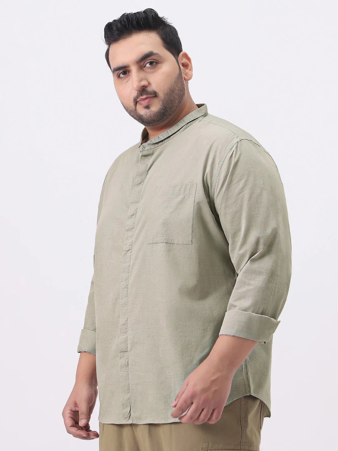 Plus Men's Light Olive Cotton Full Sleeve Regular Fit Casual Solid Shirt with Band Collar - Image 2