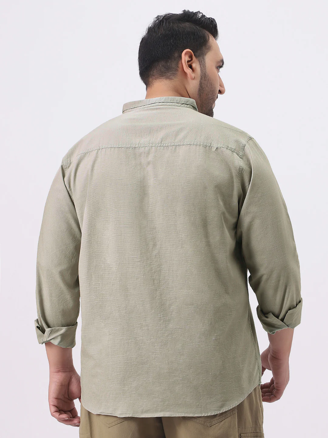 Plus Men's Light Olive Cotton Full Sleeve Regular Fit Casual Solid Shirt with Band Collar - Image 3