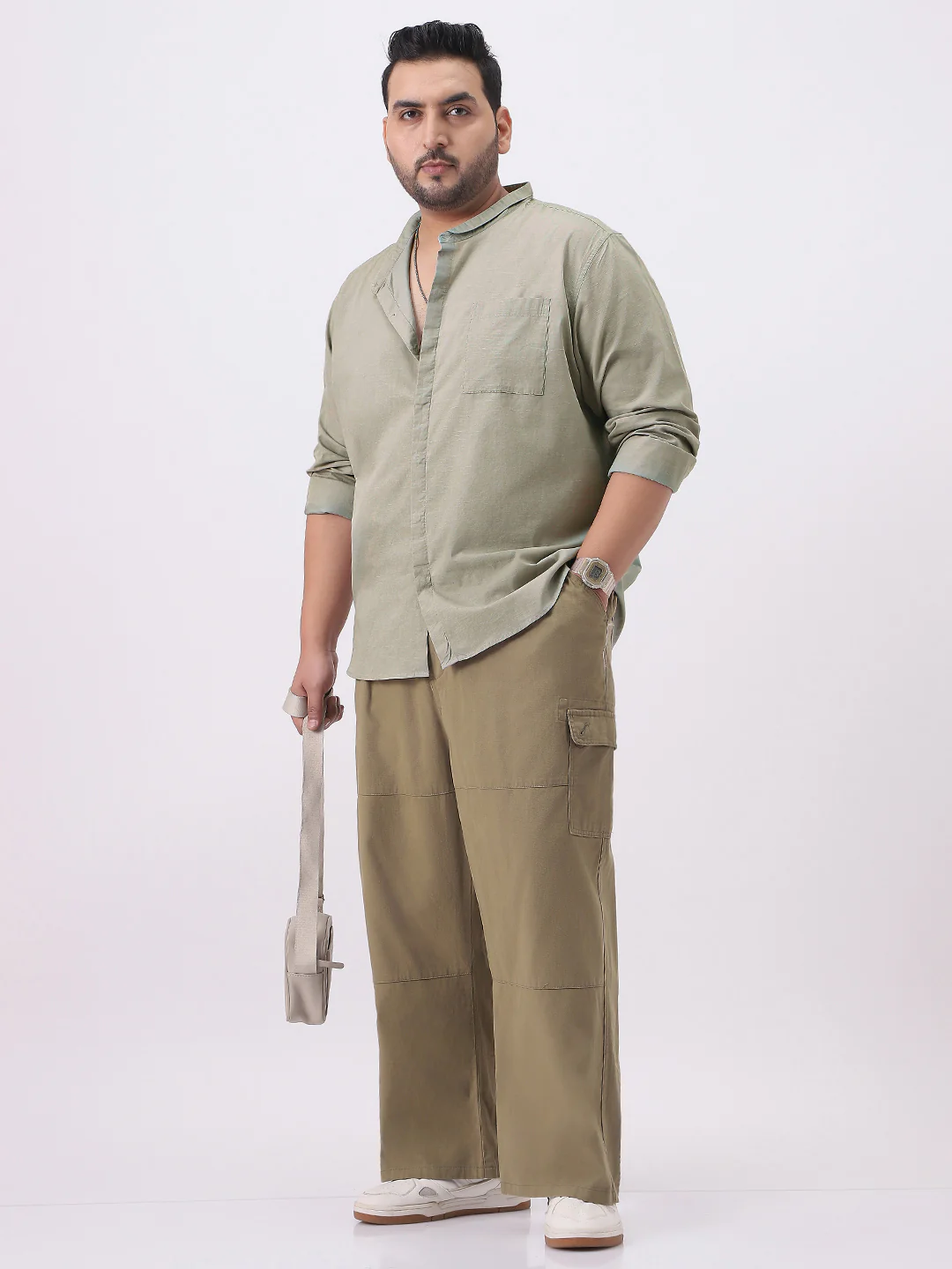 Plus Men's Light Olive Cotton Full Sleeve Regular Fit Casual Solid Shirt with Band Collar - Image 4
