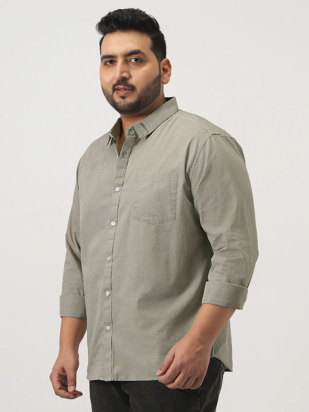 Plus Men's Light Olive Cotton Full Sleeve Regular Fit Casual Solid Slub Shirt with Spread Collar - Image 2