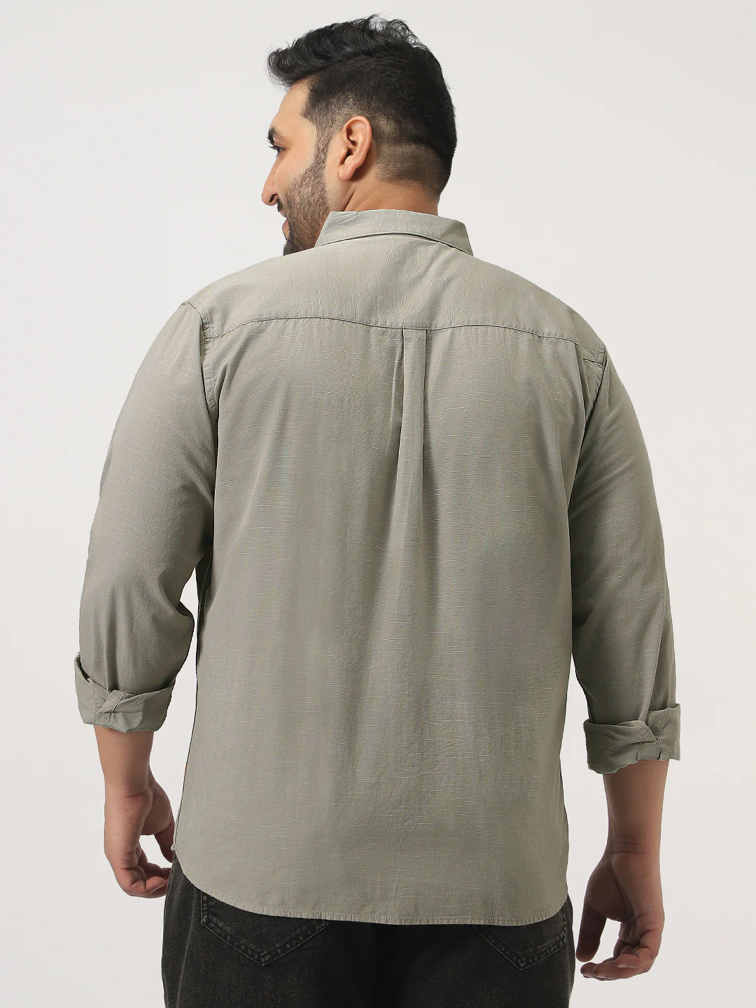 Plus Men's Light Olive Cotton Full Sleeve Regular Fit Casual Solid Slub Shirt with Spread Collar - Image 3
