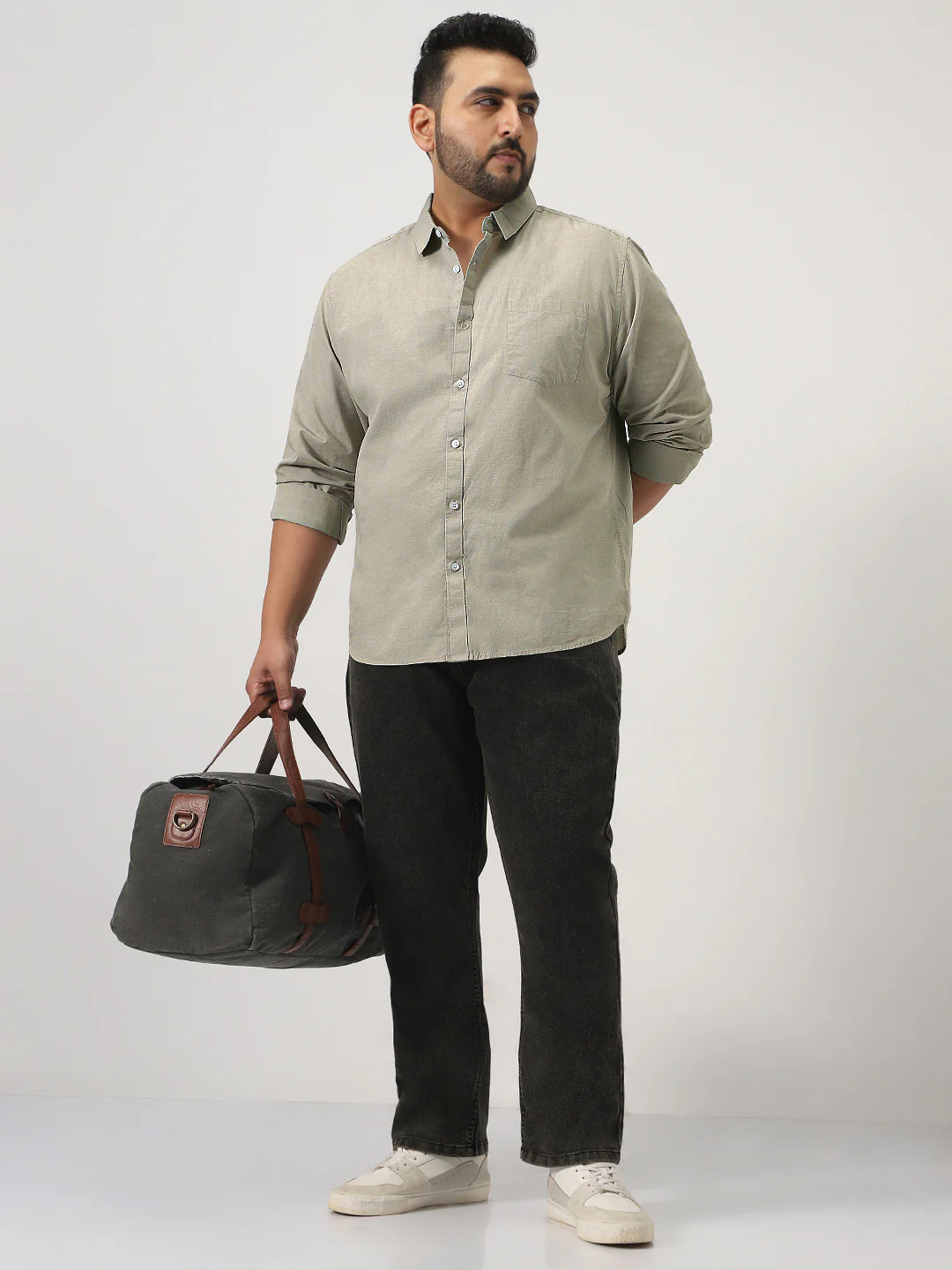 Plus Men's Light Olive Cotton Full Sleeve Regular Fit Casual Solid Slub Shirt with Spread Collar - Image 4
