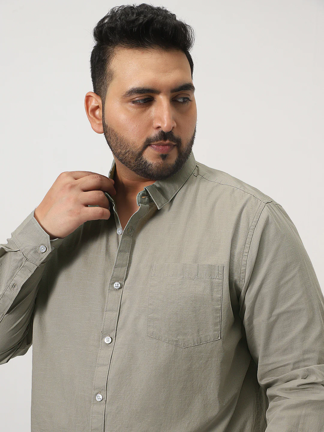 Plus Men's Light Olive Cotton Full Sleeve Regular Fit Casual Solid Slub Shirt with Spread Collar - Image 5