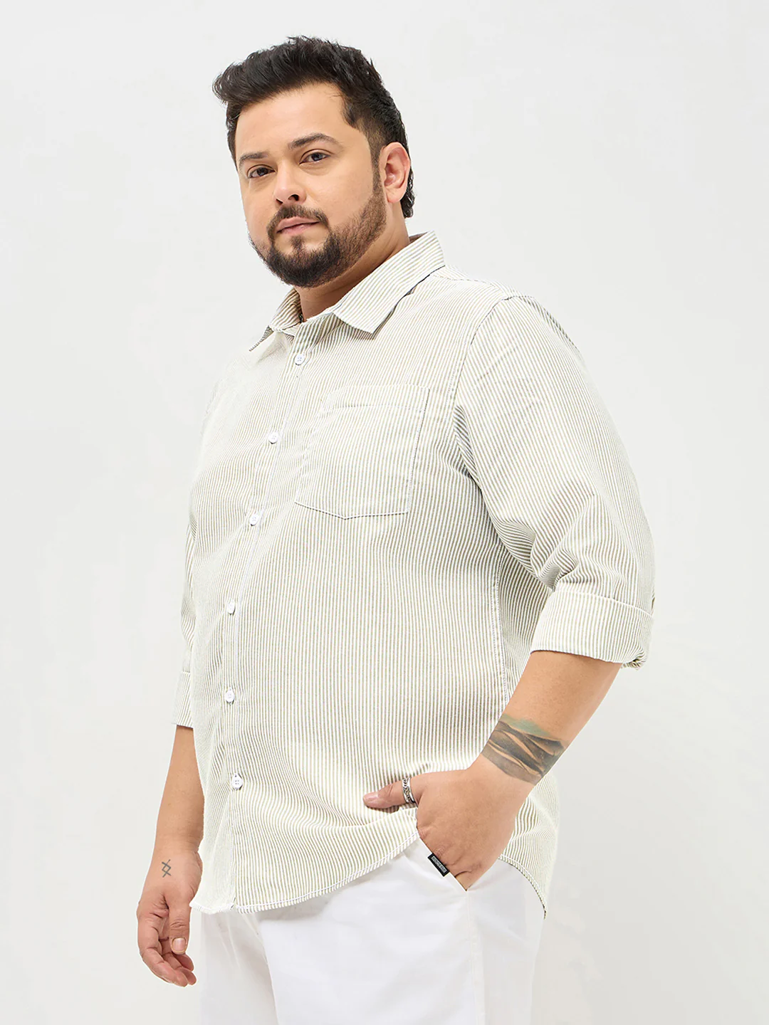 Plus Men's Light Olive Cotton Full Sleeve Regular Fit Casual Striped Shirt - Image 3