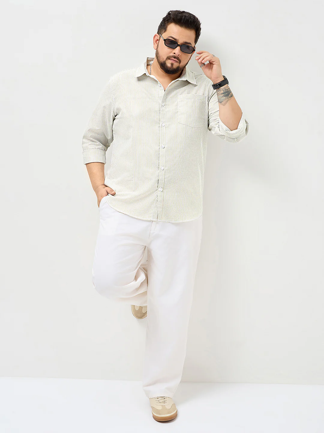 Plus Men's Light Olive Cotton Full Sleeve Regular Fit Casual Striped Shirt - Image 5