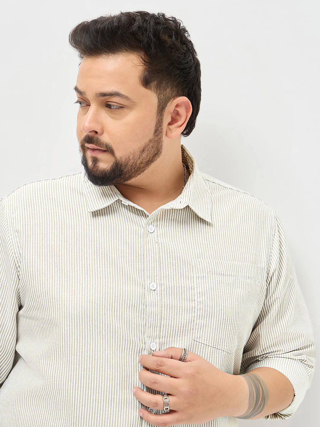 Plus Men's Light Olive Cotton Full Sleeve Regular Fit Casual Striped Shirt - Image 6