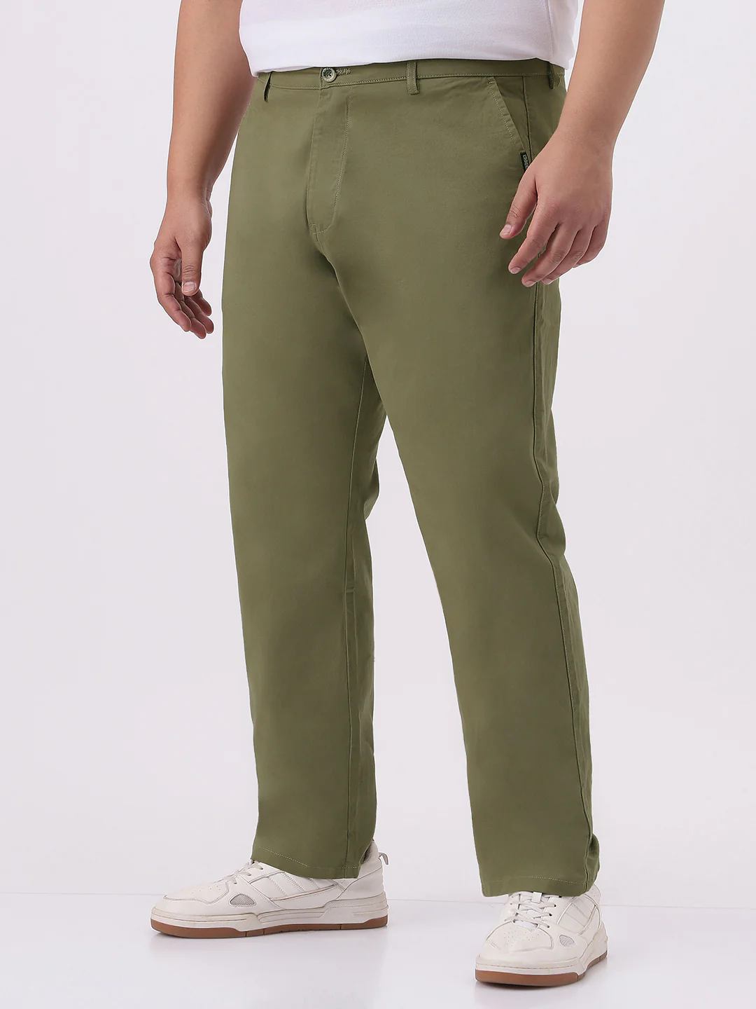 Plus Men's Light Olive Cotton Regular Fit Casual Chinos Trousers Stretch - Image 2