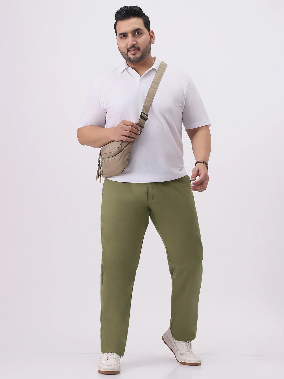 Plus Men's Light Olive Cotton Regular Fit Casual Chinos Trousers Stretch - Image 4