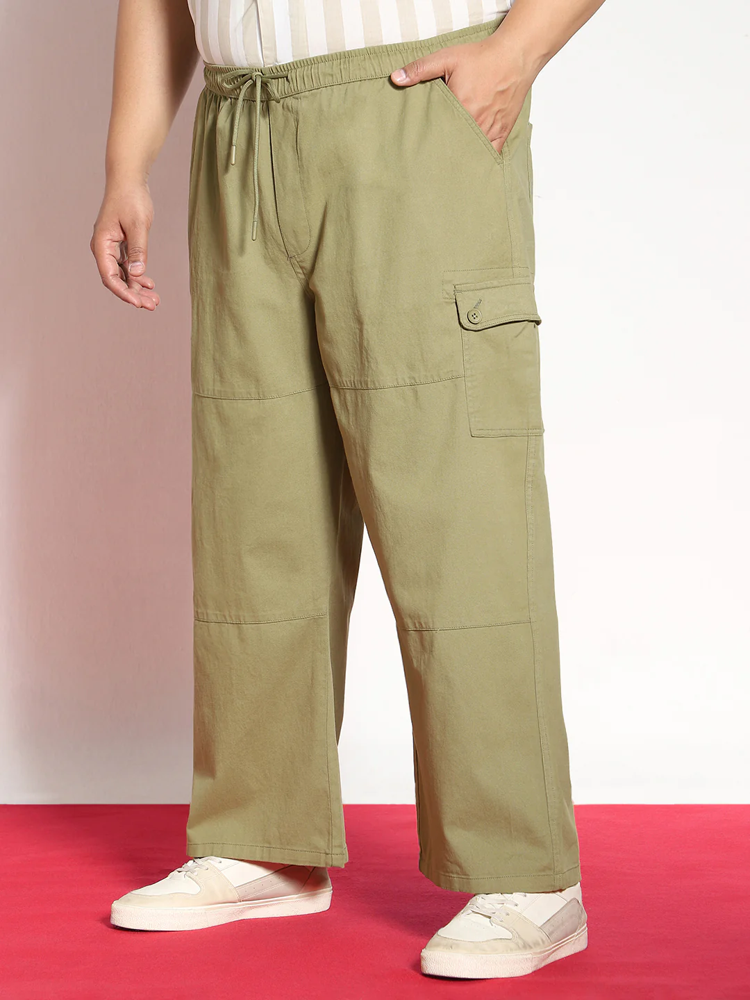 Plus Men's Light Olive Loose Baggy Fit Cargo Jogger Chino Pant with 6 Pockets Stretchable - Image 2