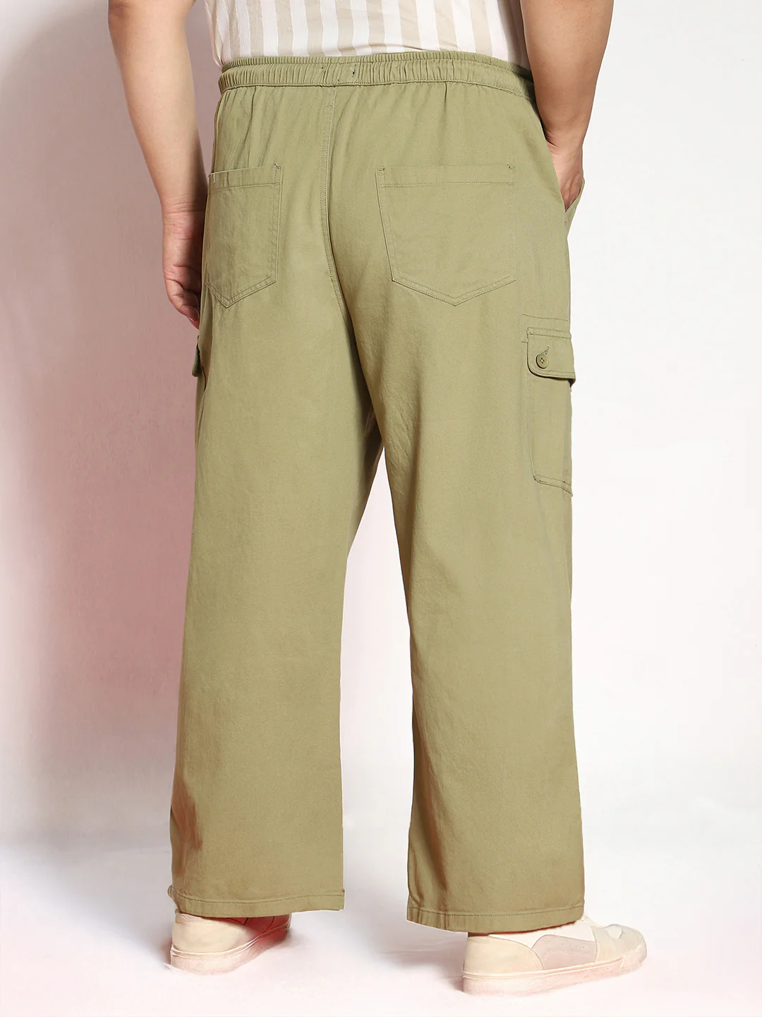 Plus Men's Light Olive Loose Baggy Fit Cargo Jogger Chino Pant with 6 Pockets Stretchable - Image 3