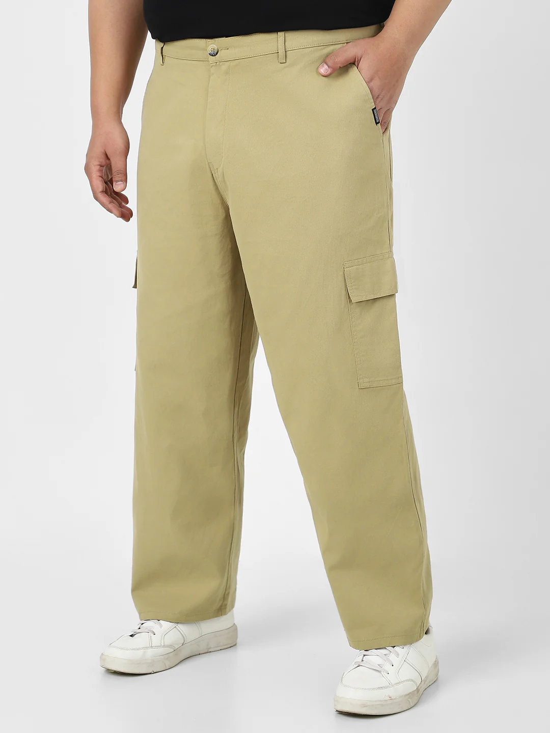 Plus Men's Light Olive Loose Baggy Fit Solid Cargo Chino Pant with 6 Pockets Non-Stretchable - Image 2