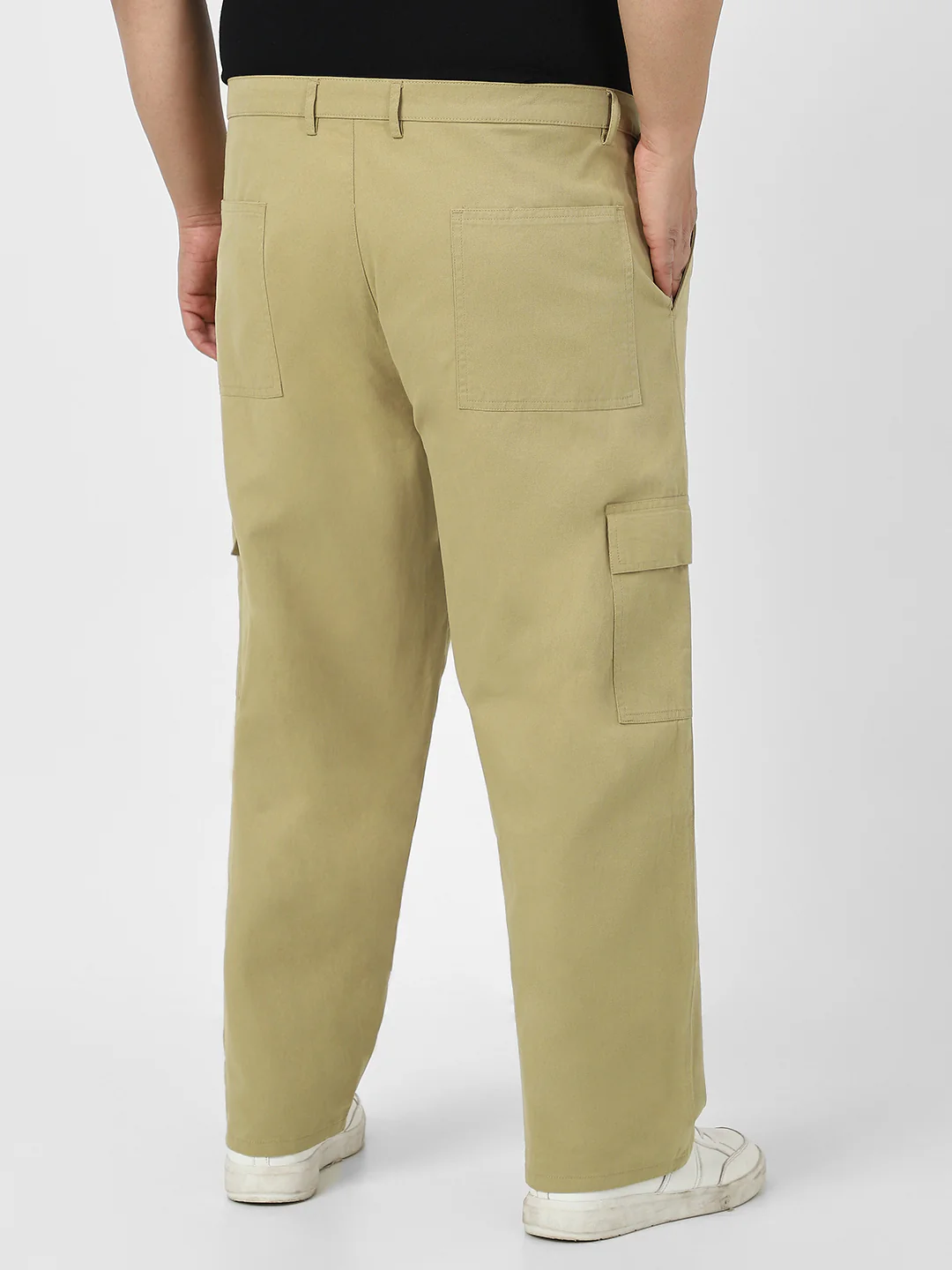 Plus Men's Light Olive Loose Baggy Fit Solid Cargo Chino Pant with 6 Pockets Non-Stretchable - Image 3