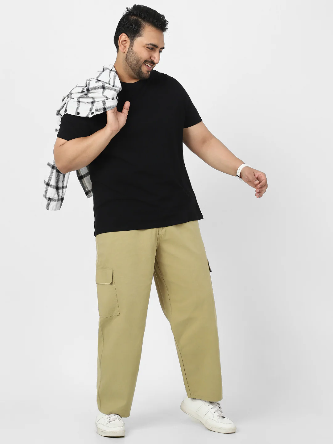 Plus Men's Light Olive Loose Baggy Fit Solid Cargo Chino Pant with 6 Pockets Non-Stretchable - Image 4
