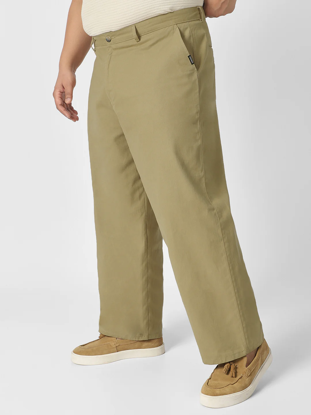 Plus Men's Light Olive Loose Baggy Fit Solid Chino Trousers Non-Stretchable - Image 2