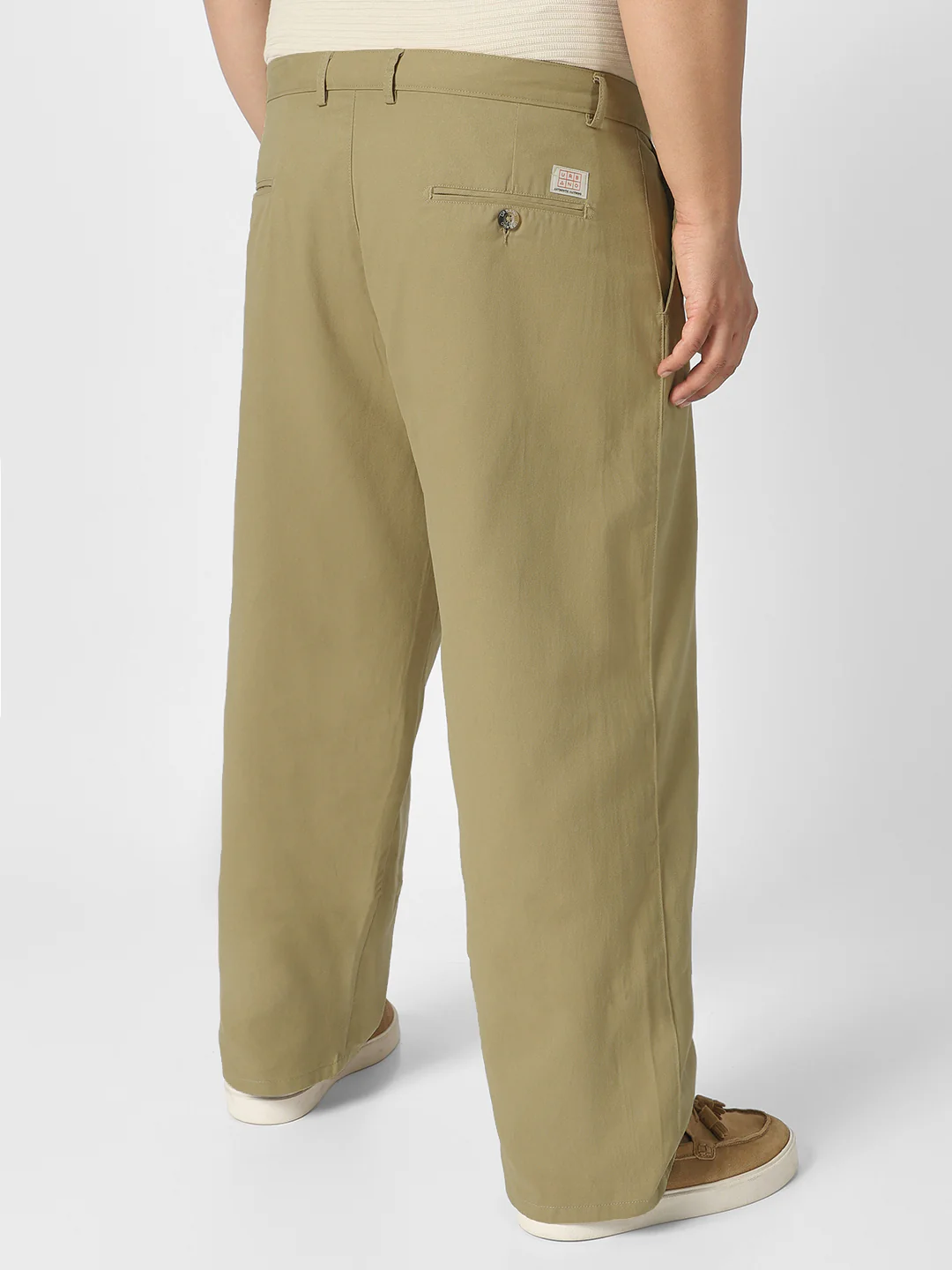 Plus Men's Light Olive Loose Baggy Fit Solid Chino Trousers Non-Stretchable - Image 3