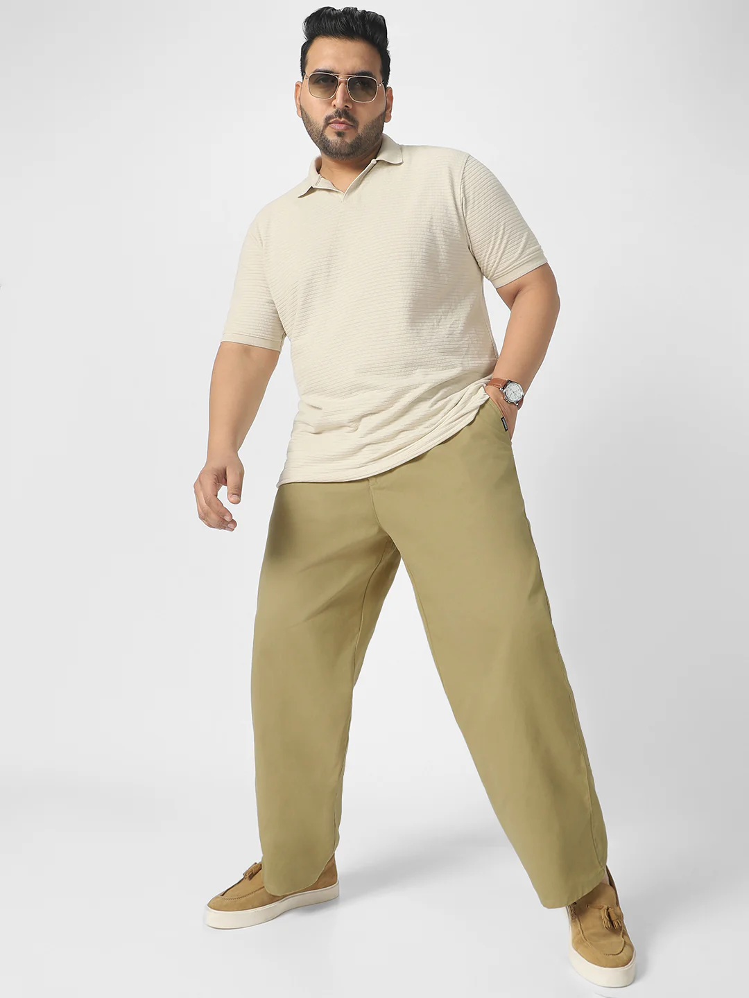 Plus Men's Light Olive Loose Baggy Fit Solid Chino Trousers Non-Stretchable - Image 4